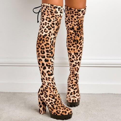 High Quality Female Boots Square Heel Slip-On Leopard Super High Heel Over-the-Knee Boots Platform 2021 Sexy Woman Shoes