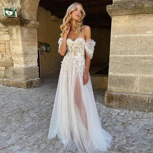 Boho Illusion Tulle Weddig Dresses Off Shoulder Sweetheart Slit Beach Bride Gowns for Women 2020 Long Appliques Bridal Dress
