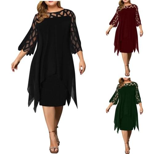 Women Fashion Lace Splicing Chiffon Dress With Three Quarter Sleeves Printed Maxi Dress 4xl Plus Size Hollow Out Dresses Vestido
