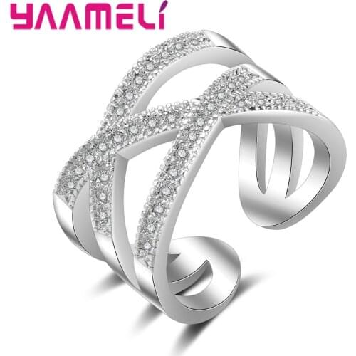 Free Shipping Trendy Adjustable CZ Opening Rings for Women Fashion 925 Sterling Silver Wide Crystal Cross Ring Jewelry