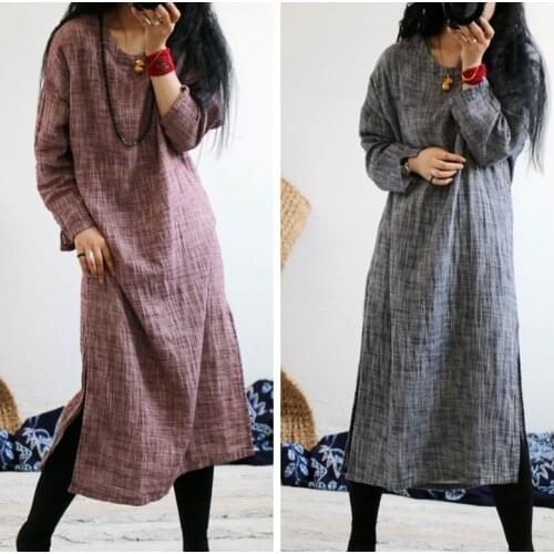 Women Loose Linen Dress Ladies Vintage Robe Dresses Female 2020 Retro Flax Dress Summer Autumn