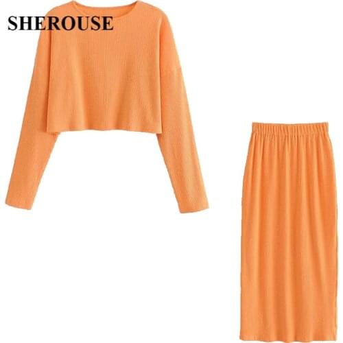 2021 Two Piece Set Women Vintage Knitted Solid Cropped Sweater Fashion Midi Skirt Summer Woman Outfit Dress Sets Suits