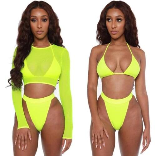 3 Pieces Crop Top Bikini 2020 Neon Mesh Swimwear Women Bathers Yellow Push Up Swimsuit Female High Cut Bikinis Sexy Bathing Sui