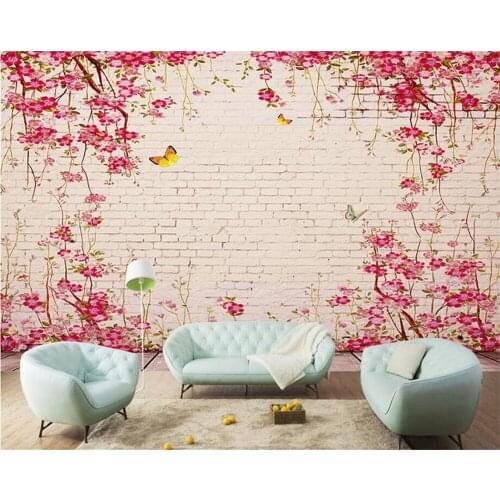 Beibehang Custom 3d wallpaper Idyllic vine pink flower brick European mural background wall decoration wallpaper 3d behang