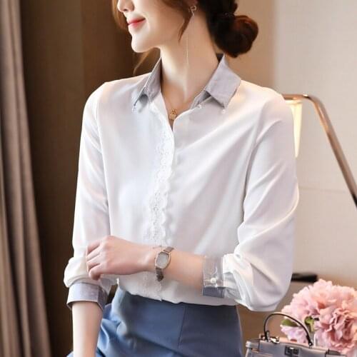 Women Blouses Spring Fashion Lace Pearl Button Lapel Long Sleeve White Shirt Top Blusas Plus Size Women Clothing