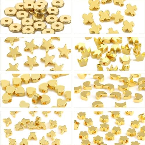 1pack Fashion Copper Beads Gold Plated Color Retention Charms Heart Star Moon Cross Loose Beads For Diy Bracelet Jewelry Making