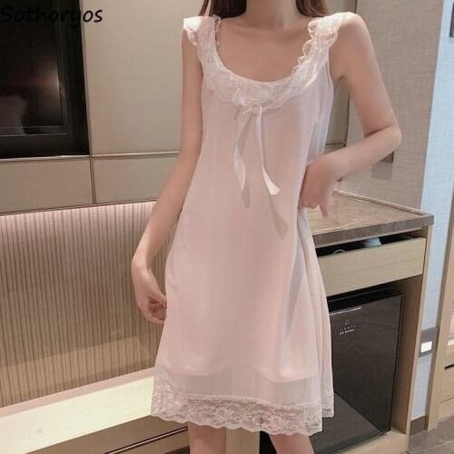 Women Nightgowns Sleeveless Lace Sweet Nightdress Ulzzang Kawaii Trendy Sleepwear Teens Retro Bow Sexy Gentle Cozy Loose Casual