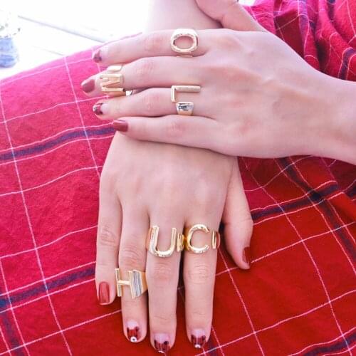 Lureen Hollow A-Z Letter Gold Color Metal Adjustable Opening Ring Initials Name Alphabet Female Party Party Jewelry