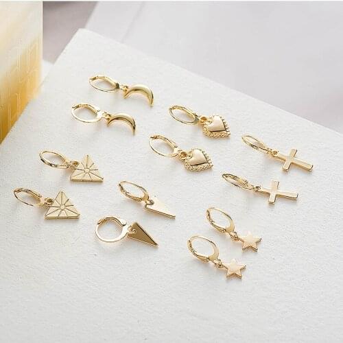 Trendy Geometric Metal Alloy Earrings Gold Cross Star Drop Earrings For Women Heart Triangle Moon Circle Geometric Earrings