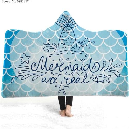 Cartoon Of Mermaid Hooded Blanket Fish Scale Fleece Blanket 3D Print Home Colorful Rainbow Throw Blanket Picnic Wearable Blanket