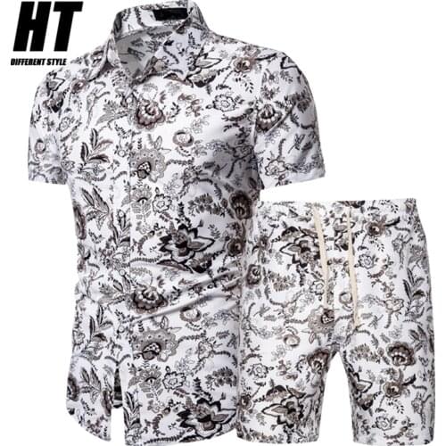 Mens Summer Set Casual Hawaiian Floral Print Shirt Set Men Beach Shorts 2 Piece Suit Breathable 2021 New Fashion Male Clothing
