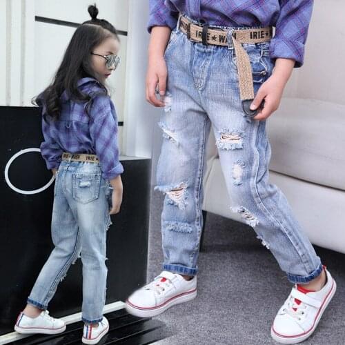 2019 New kids Girls Boys Trench Jeans Big Boys girls Korean Light-colored Leggings Childrens boy girl hole jeans