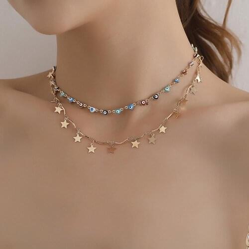 Bohemia Heart Colorful Evil Eye Bead Chain Choker Necklace Women Double Layered Lovely Star Charm Collar Necklace Jewelry Girls
