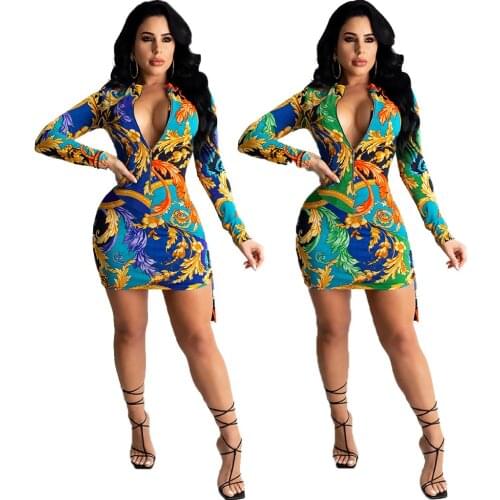 Sexy Fashion Retro Printing Slim Dress High Waist Zipper Sheath Dress Long Sleeve O-neck High Quality Skinny Mini Dress 2 Colors