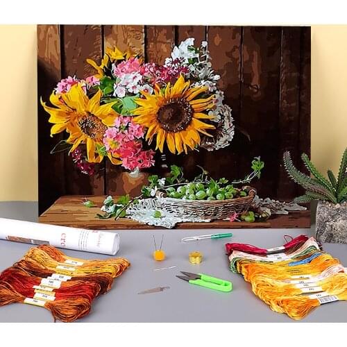 Flowers European Style Printed 11CT Cross-Stitch Kit DIY Embroidery DMC Threads Craft Sewing Knitting Needlework Needle