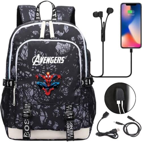 MARVEL USB Charging listen to music Schoolbag Waterproof Travel Backpack Oxford cloth student bag mochila Large capacity bag