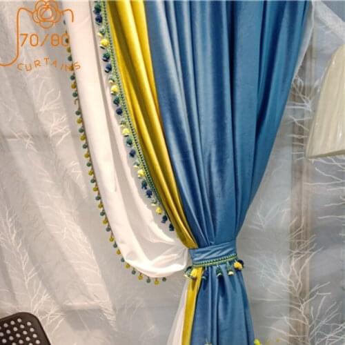 French Solid Color Lace Stitching Curtains Blackout Curtains for Living Room Bedroom Finished Product Customization