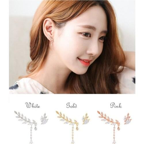 Korean style NEW Fashion Crystal Leaves Stud Earrings for Women Double Earrings Wedding Jewelry