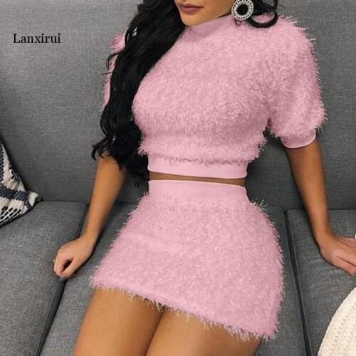 Two Piece Set Women Sweater +Pencil Skirt Suit Short Sleeve Fleece Crop Tops Bodycon Skirt 2 Pieces Set Women Knitted Clothes