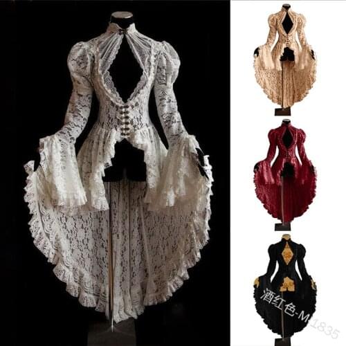 Women Plus Size S-5XL Cosplay Dress Gothic Style Asymmetrical Dress Halloween Retro Vintage Solid Lace Medieval Cardigan Cosplay