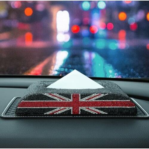 Union Jack Flag Luxury Shiny Crystal Car Tissue Box Beautiful Bling Atuo Home Office Paper Towel Cover Case Great Gift for Women