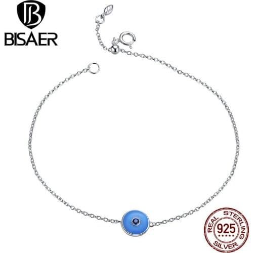 BISAER Blue Eyes Bracelets Real 925 Sterling Silver Blue Stone Chain Link Bracelet For Female Friendship Jewelry Gift ECB185