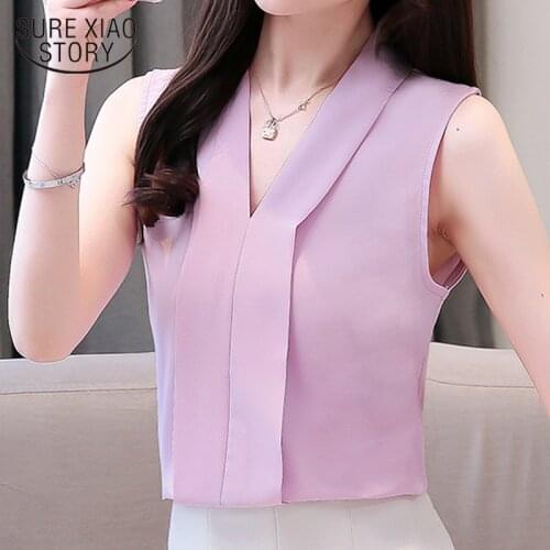 Blusas mujer de moda 2019women blouses sleeveless V neck office ladies blouse women tops chiffon top blouse women shirts 4614 50