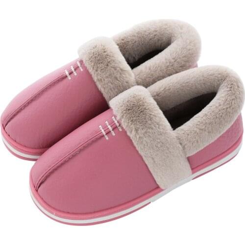 Women Men Couple Cotton Slippers Winter Non-slip Home Indoor Plus Velvet Warm Waterproof Waterproof PU Leather Slippers