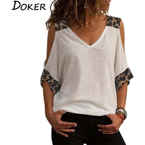 Vintage T Shirt Women 2020 Summer Leopard Print V-neck 3/4 Sleeve Plus Size T-shirt Off Shoulder Tops Casual Tee Shirt Femme