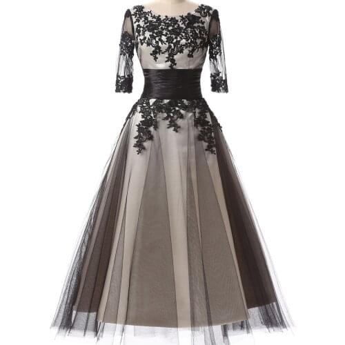 Delicate O-Neck Three Quarter Sleeve Black Lace Evening Gown Saudi Arab Evening Dress