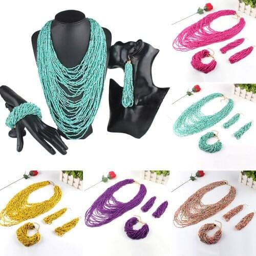 Bohemia Necklace Set Multi-layer Resin Beaded Vintage Long Necklaces Bracelet Earrings For Women Long Pendants Wedding Jewelry