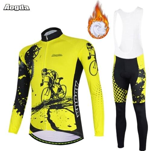 Aogda Cycling Jersey Set Long Sleeve Winter Thermal Fleece Bib Pants Bike Clothing Outdoor Bike Clothes Ropa Ciclismo