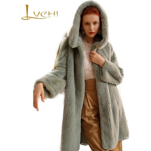 LVCHI 2019 New Update Swan Velvet Mink Fur Coat Full Sleeve Real Fur Coats With Fur Hood Front Short Back Long Mink Fur Coats