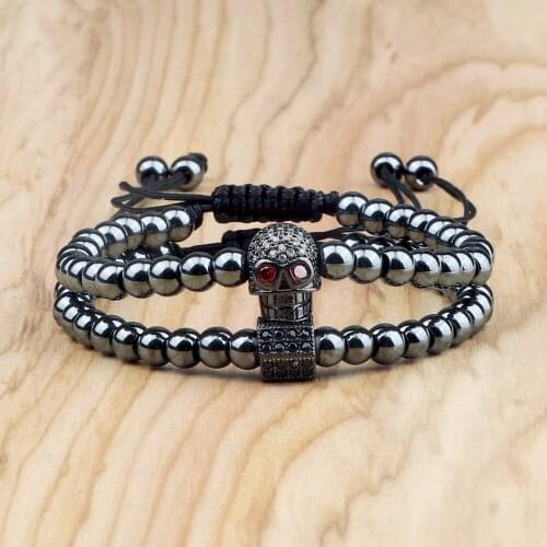 Copper Beads Skull Head Bracelet Set Pave CZ Skeleton Adjustable Bracelet Bangle Set Hip Hop Charm Jewelry Women Men Accessories