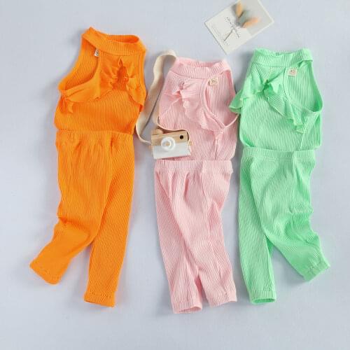 Lovely Toddler Kid Baby Girl Clothes Sets Ruffles Solid Sleeveless Tops+Long Pants Outfits 2pcs Set