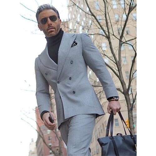 Mens Suits (Jacket+Pants) With Pants Groom Prom Tuxedo Blazer Double Breasted Tweed Suit Business Party Wedding Suits