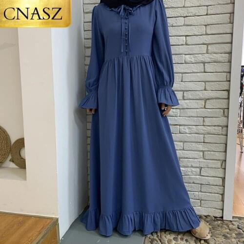 New Coming High Quality Nida Dress Pleated Big Hem Style Cute Buttons Long Sleeve Maxi Dress Islamic Muslim Dresses For Women