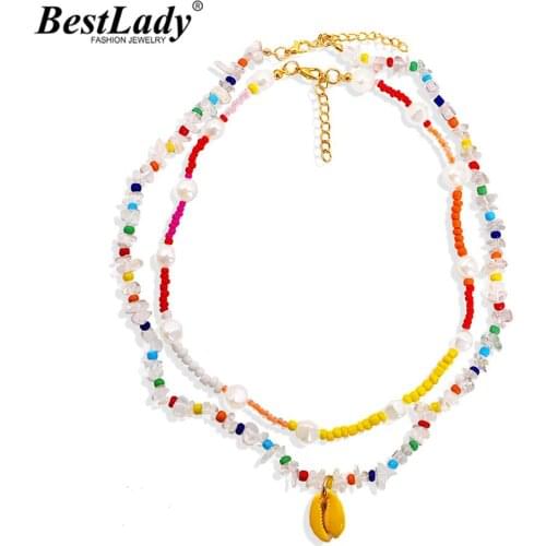 Best Lady Boho Stone Shell Pearls Stand Necklaces for Women Trendy Colorful 2PCS Collar Choker Necklaces Accessories Jewelry Hot