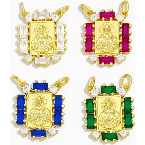 OCESRIO CZ Jesus Necklace Charms for Women Wholesale Square Gold Pendant Charms for Jewelry Making Religious Jewely pdta208