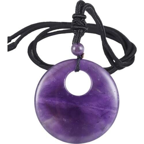 Lucky Coin Pendant Necklace for Women Men, Healing Crystal Amulet Jewelry for Unisex, Donut Round Shaped, Adjustable 18''-28'' S