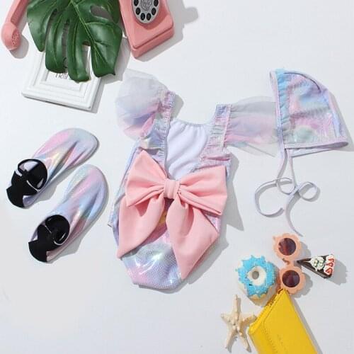Princess Beach wear oversize bow ruffle swimsuit Girls Fashion laser material bathing suit Childrens clothing YZ19059