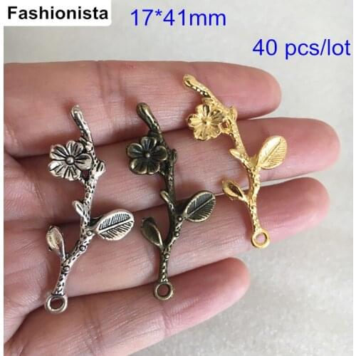 40 pcs Zinc Alloy Branch Flower Charms 17*41mm Gold-color,Antique Bronze,Handmade Jewelry Supplies - Free Shipping