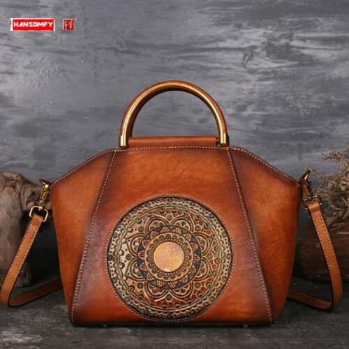 Genuine Leather Women Bags Totem Embossed Hand-painted Handbags Color Handmade Messenger Bag Shoulder High-grade Retro Female