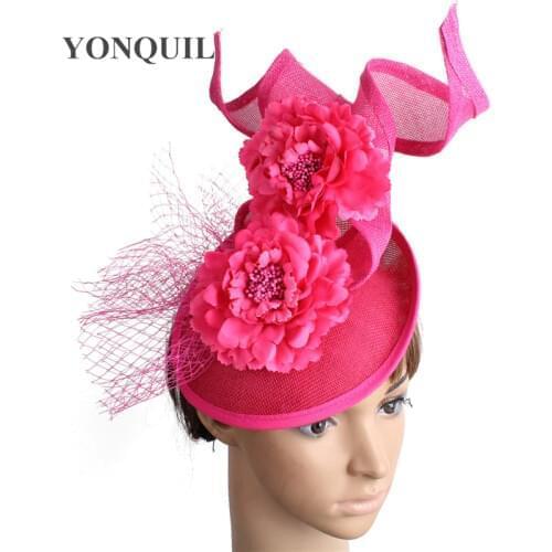Wedding Party Hot Pink Headpiece Mesh Headwear For Bride Wedding Fascinators Hair Accessories Ladies Formal Dress Fedora Caps