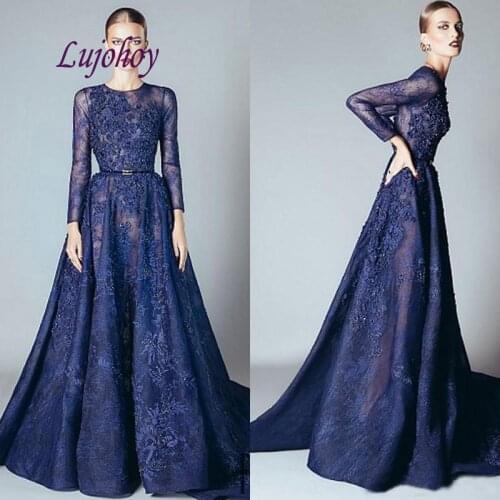 Navy Blue Long Sleeve Lace Evening Dresses Party Plus Size Women Girls Ladies Sexy Luxury Prom Formal Evening Gowns Dresses