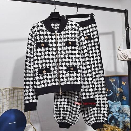 Houndstooth Wool Knit Cardigan Jacket Coats Two-piece Set Women Autumn Winter Elasticated Waist Long Pants Fashion Set tracksuit