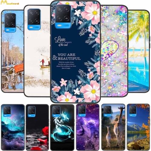 For OPPO A54 4G Case Soft Silicone Flower Back Cover For OPPO A74 5G Case Black TPU Bumper Coque OPPOA54 A 54 74 5G Phone Funda