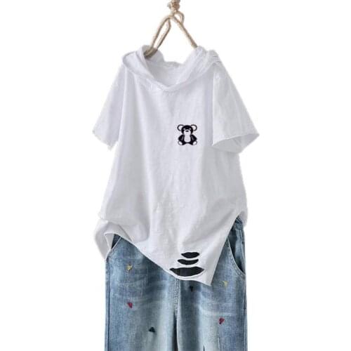 80%HOT Women Summer T-shirt Hooded Short Sleeve Ripped Hole Giraffe Loose Hoodie Blouse for Daily Life