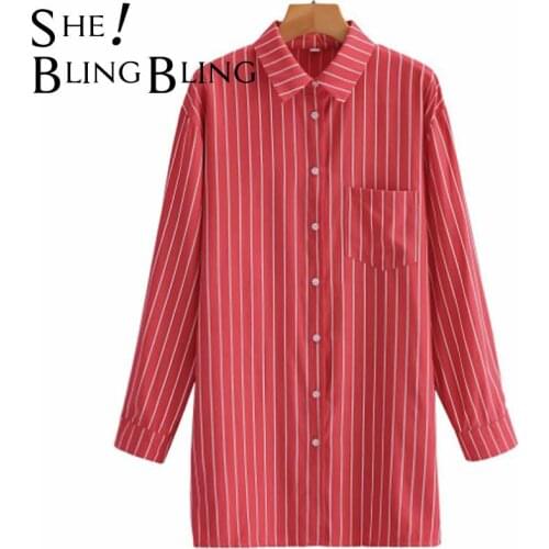 SheBlingBling Za Woman 2021 Mid Long Strip Blouses Autumn Loose Blusas Chemise Femme New Pocket Casual Traf Womens Tee Shirt