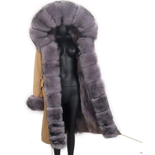 2021 Women Real Fur Coat X-Long Parka 7XL Winter Jacket Natural Real Fox Fur Collar Real Fur Parkas Big Fur Outerwear Detachable